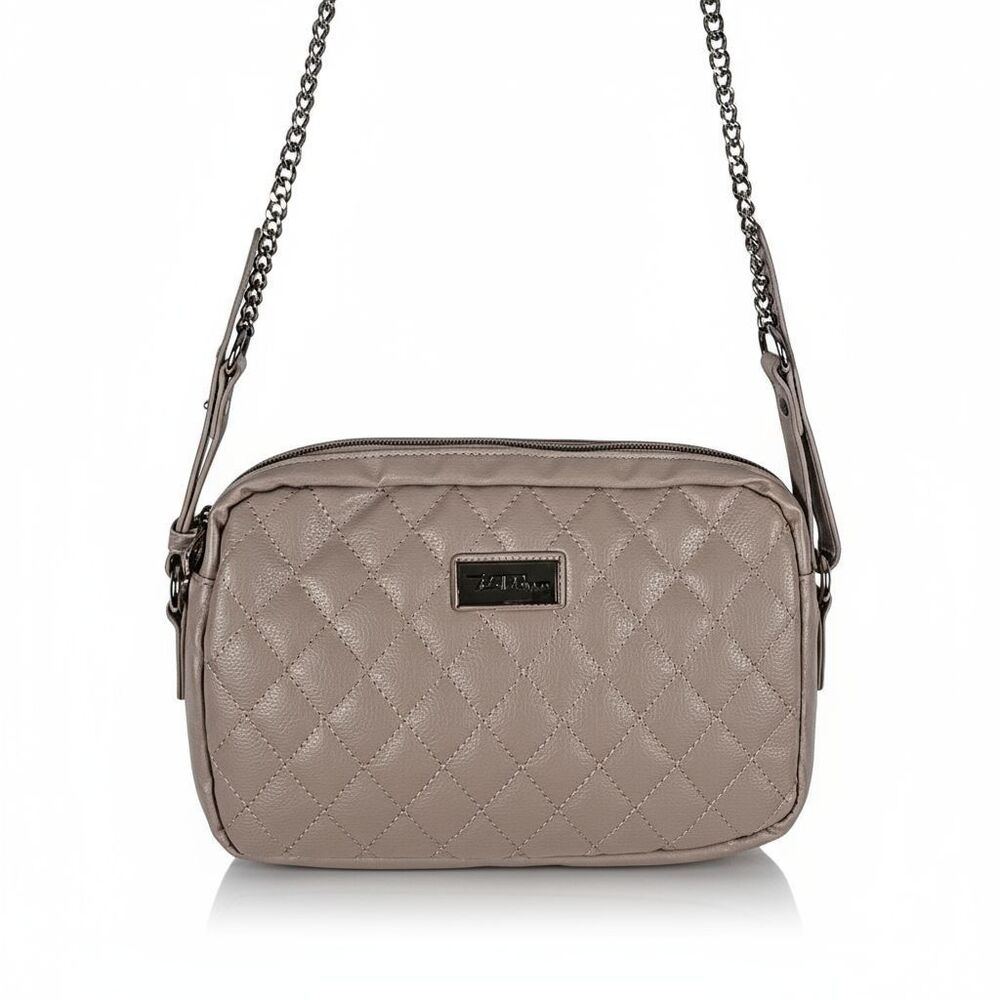 Bella Russo Crossbody Handbag Women Tan Faux Leather Quilted Chain Strap Purse